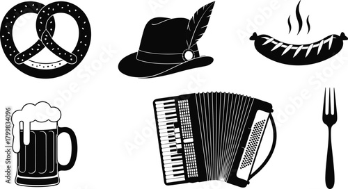 Traditional Bavarian Oktoberfest vector illustration, pretzel, beer mug, sausage, accordion, hat with feather, fork, German culture festival icons