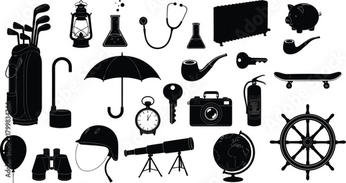 Vector silhouette illustration, golf bag, lantern, stethoscope, laboratory flask, piggy bank, umbrella, skateboard, camera, telescope, globe, everyday icons
