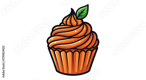 Delicious Orange Swirl Cupcake with Green Leaf Topping.