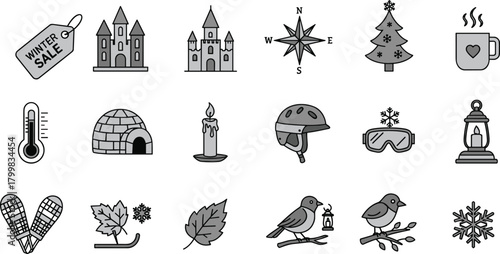 Winter icons, snowflake, igloo, sled, snowshoes, Christmas tree, candle, lantern, sale tag, compass, mug, bird, castle, vector illustration