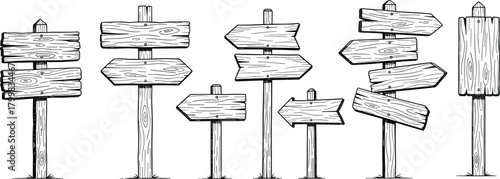 Wooden signpost illustration, rustic arrow signage, black and white sketch, directional board drawing, navigation concept, vintage style, countryside path marker