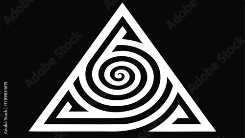 White geometric triangle with a black spiral maze and concentric lines on a black background Keywords: geometric, triangle, spiral, maze
