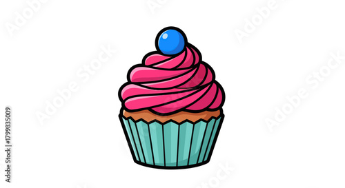 Delicious pink frosted cupcake with a blue candy on top.