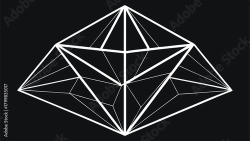 White Geometric Wireframe Diamond Shape On Black Background abstract bright