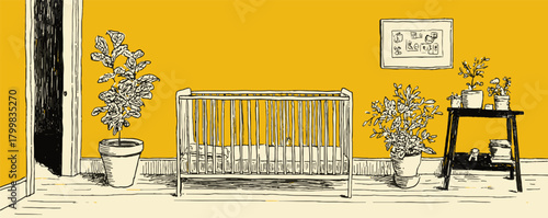 A room with a yellow wall and a crib in the middle. There are potted plants on the floor and a picture on the wall