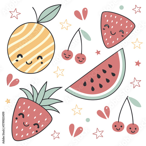 Cute cartoon fruit stickers set. Happy characters for kids and nursery design