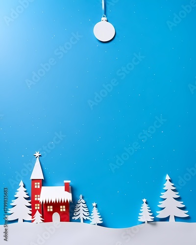 A festive holiday card concept, crafted from delicate paper cutouts. A charming red house with a snow-covered roof nestled amidst a serene winter landscape.