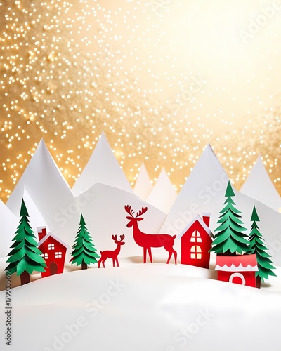 A festive and whimsical winter landscape, featuring paper cutouts of a cozy village, snow-covered mountains, evergreen trees, and a reindeer silhouette against a soft, golden backdrop.