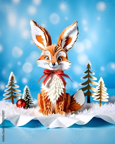 An adorable paper fox statue adorned with a festive red bow in a winter wonderland scene, exuding charm and warmth. The papercraft is surrounded by miniature fir trees, a christmas ball.
