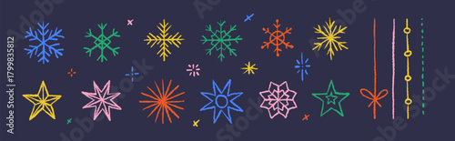 Snowflake line in outline draw style. Minimalist winter symbols. Chalk or pencil drawing of a set of stars elements. Christmas and New Year design.