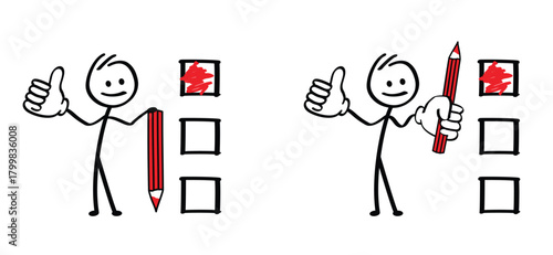 Mascotte, vote with a red pencil. Election Day, for people in to voting booth and ballot box. Check List, red cross. Elections, of the first or second chamber elections. Referendum or politic concept.
