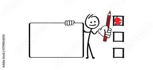 Mascotte, vote with a red pencil. Election Day, for people in to voting booth and ballot box. Check List, red cross. Elections, of the first or second chamber elections. Referendum or politic concept.