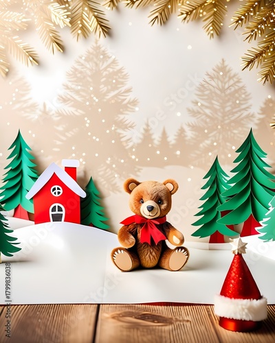 A charming teddy bear amidst a whimsical Christmas diorama scene, complete with miniature fir trees and a cozy red cabin. Perfect for holiday-themed projects.