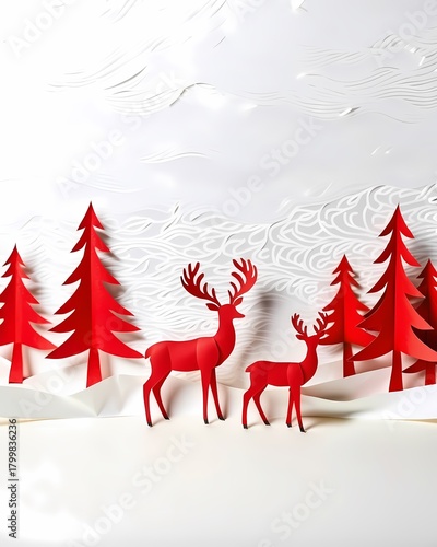 Festive Red Forest and Deer Scene. Capturing the essence of a holiday card, the image uses cut paper to create a unique and visually appealing scene. 