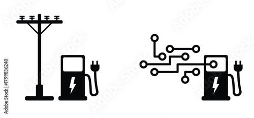 Electric vehicle, EV, charging station. Electrical energyt. Electric filling station. Vehicle plugs and sockets ports station point. ev charger connector. Power cord charging electric car at station.