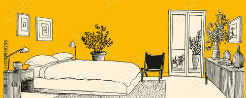 A bedroom with a yellow wall and a bed with a white comforter. There are two potted plants on the bedside table