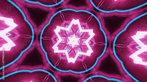 Neon abstract acid mandala kaleidoscope background glowing in hexagonal configurations, futuristic fractal symmetry evolving into radiant geometric visual patterns