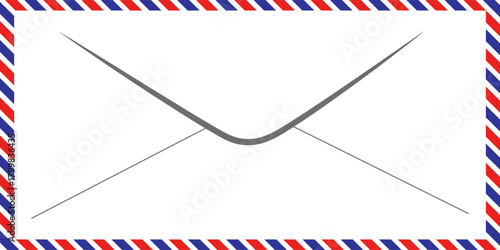 Air mail letter. Post stamp. Airmail frame postcard. Blue red stripes pattern. Mockup template envelope. Vector illustration
