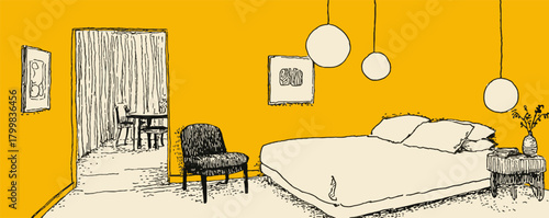 A cartoon drawing of a bedroom with a bed, chair, and table. The room is yellow and has a modern, minimalist style