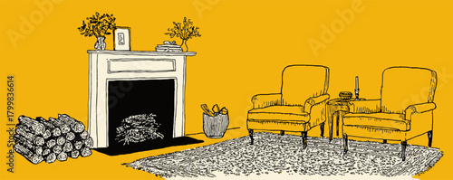 A yellow and black drawing of a living room with a fireplace and two chairs. The fireplace is surrounded by logs and there is a vase on the mantle