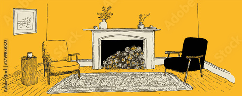A drawing of a living room with a fireplace and two chairs. The chairs are black and the fireplace is in the middle of the room