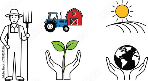 Agriculture icons, sustainability symbols, farmer, tractor, barn, sunlight, plant care, Earth protection, eco-friendly design, environmental illustration