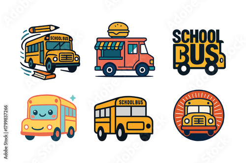 Set of school bus flat vector icon illustration for sticker, logo, book, t-shirt and more designs