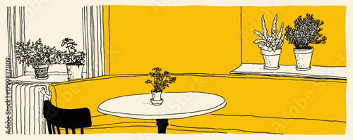 A yellow room with a table and a chair. A cat is sitting on the chair. There are potted plants on the table and the wall