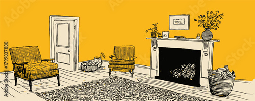 A room with a yellow wall and a fireplace. There are two chairs and a couch. A vase with flowers is on a table