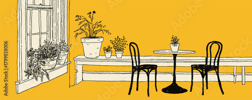 A yellow and black drawing of a room with a table and two chairs. There are potted plants on the table and the chairs. The room has a cozy