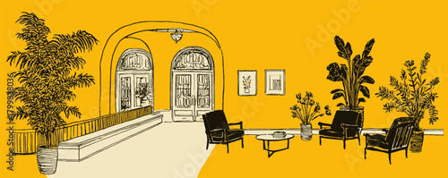 A yellow and black drawing of a lobby with a few chairs and potted plants. The drawing has a warm and inviting mood, with the yellow walls