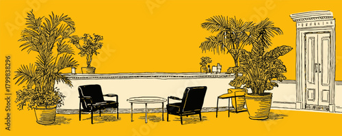 A yellow background with a drawing of a patio with two chairs and a table. The chairs are black and the table is white