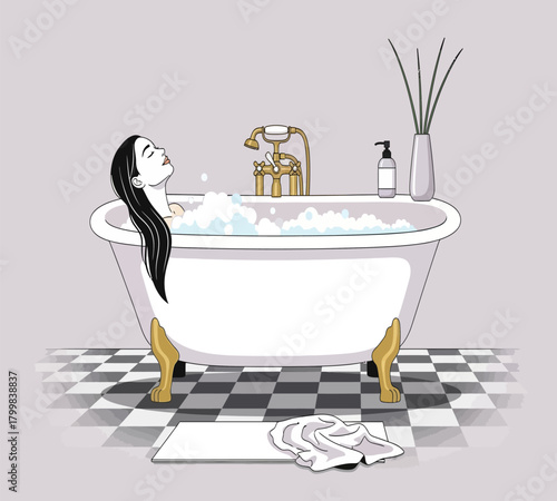 Illustration of a serene woman with long black hair relaxes in a luxurious bathtub filled with bubbles, enjoying a moment of peace and tranquility isolated on white background