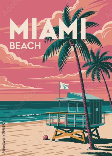 Miami beach lifeguard house poster with palm trees, coastline, surf, and ocean scenery, vintage vector illustration suitable for home or office wall decoration.