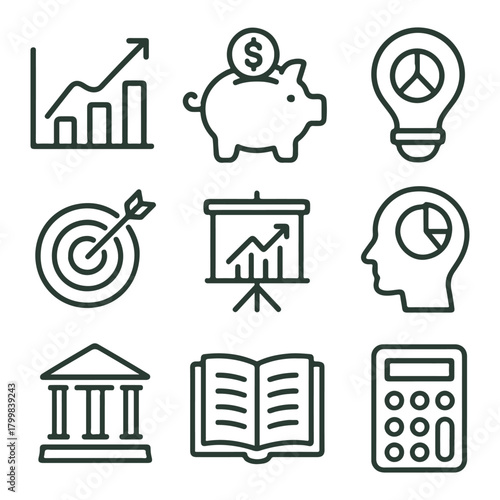 Business, finance, education, strategy, growth, success icons set