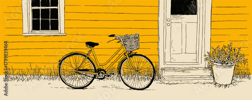 A bicycle is parked in front of a yellow house. The house has a white door and a window. The bicycle is leaning against the wall