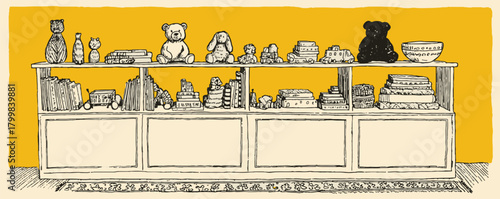 A shelf with a variety of items including books, a teddy bear, and a bowl. The shelf is yellow and has a vintage feel to it