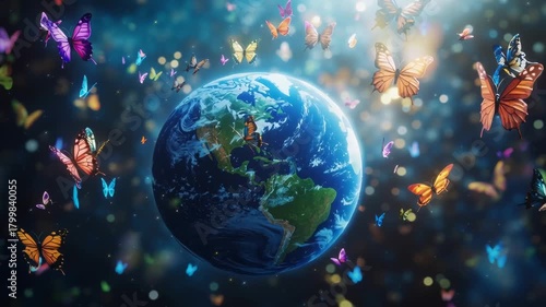 Butterflies flutter around planet Earth, a symbol of nature and environmentalism