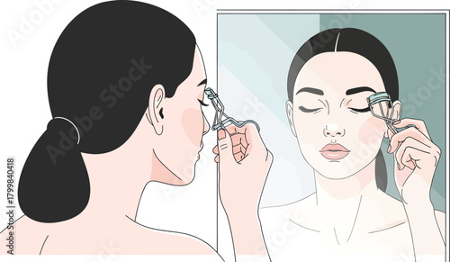 Woman Applying Eye Cream with Roller Tool Reflection