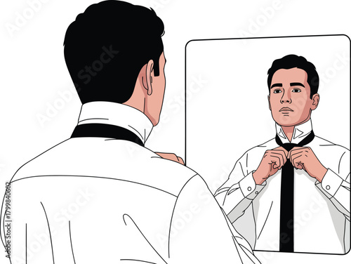 Man Adjusting His Tie While Looking in the Mirror