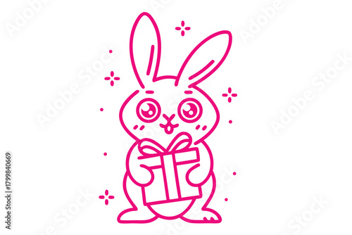 Outlined cute cartoon rabbit character cheerfully holding a gift box with a ribbon