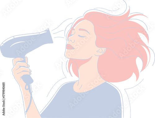 Woman Drying Her Pink Hair With a Hair Dryer