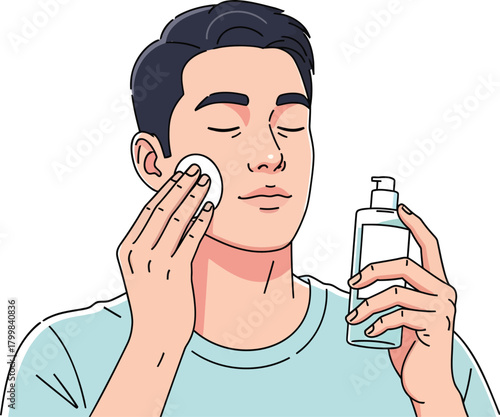 Man applying toner to face with cotton pad