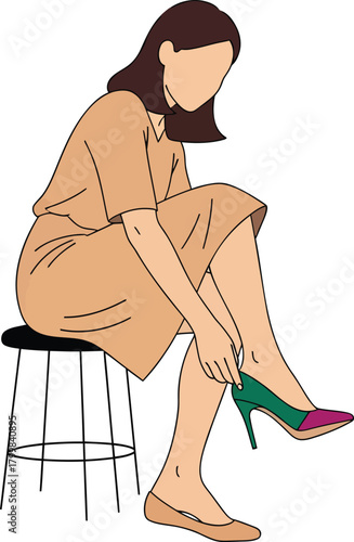 Woman puts on shoes while sitting on a stool