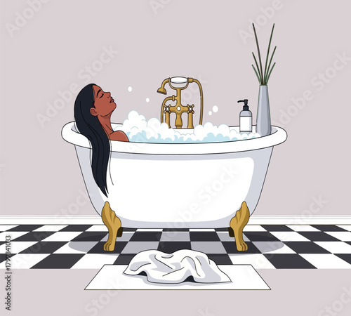 Illustration of a tranquil woman with long black hair unwinds in a bubblefilled bathtub, finding solace and relaxation in her personal spa isolated on white background