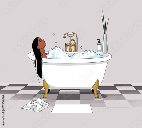 Illustration of a tranquil woman with long black hair unwinds in a bubblefilled bathtub, finding solace and relaxation in her personal spa isolated on white background