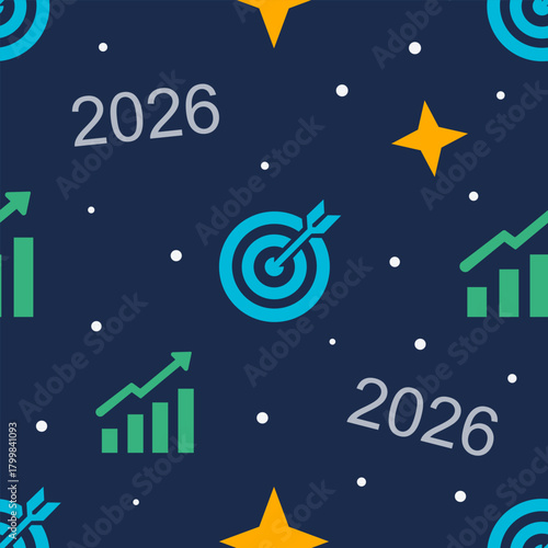 Corporate New Year seamless pattern. B2B flat design vector with 2026 goals, growth chart, and success stars. Strategic background for tech or finance.