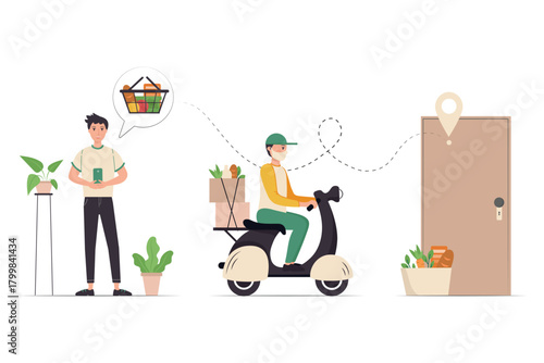 Grocery Delivery Service with Courier on Scooter Bringing Order to Customer's Door