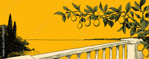 A beautiful beach scene with a white railing and a lush green tree. The railing extends along the entire length of the beach