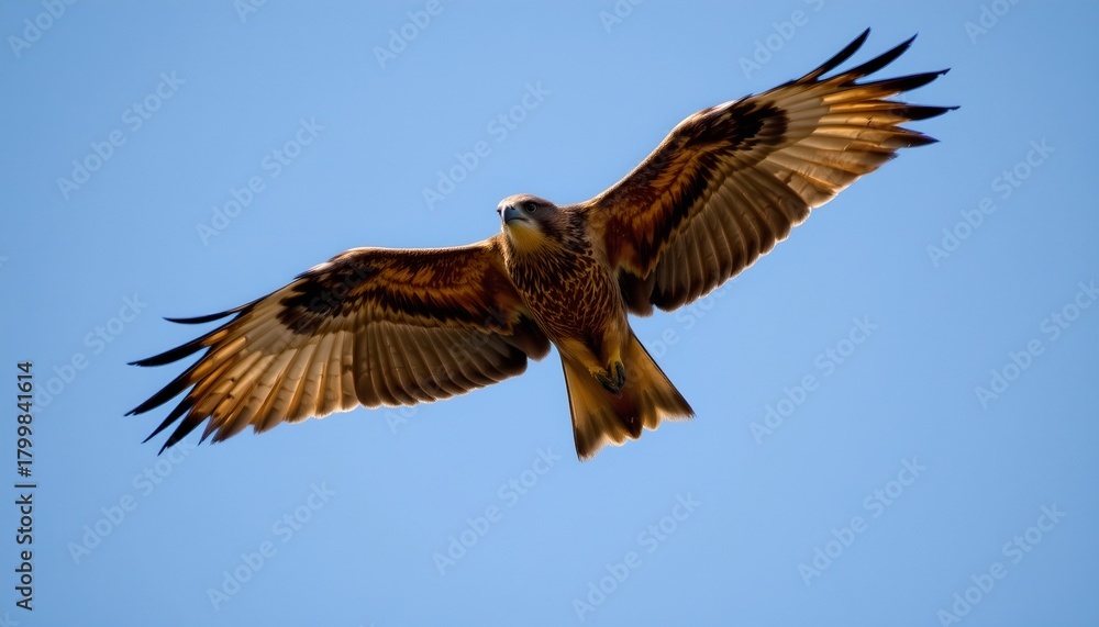 Fototapeta premium A majestic eagle in flight against a clear sky. The eagle, with its powerful wings fully extended, is soaring towards the right side of the frame